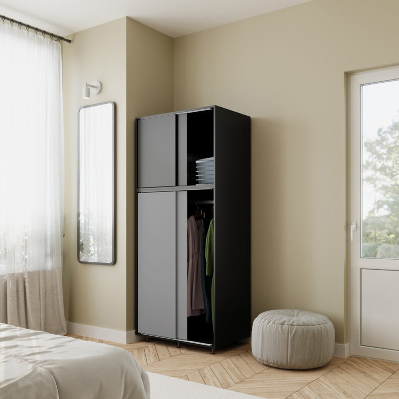 4 Door Solid Wood Wardrobe, Black/Grey