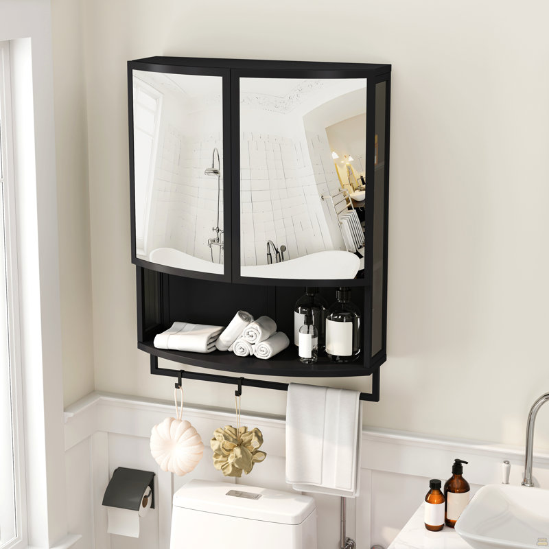 Garde-robe en verre arqué 23,62 "à double porte avec miroir incassable en verre à double couche, tablette ouverte et porte-serviettes
