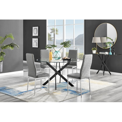Tierra Modern Chrome Metal & Glass Round Dining Table Set with 4 Quilted Faux Leather Chairs