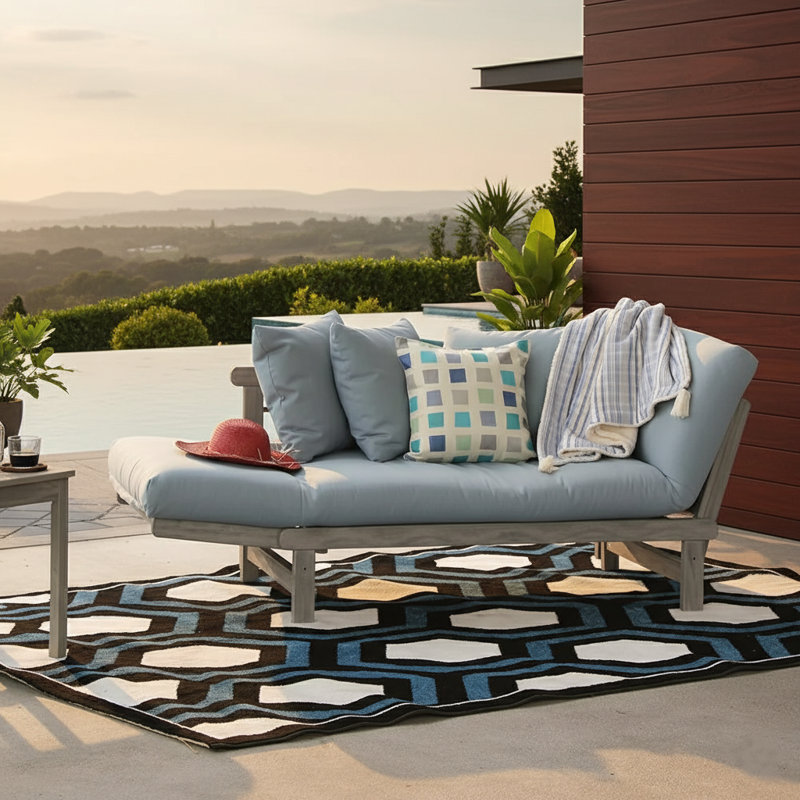 Bismark 79'' Mahogany Outdoor Convertible Sofa Daybed, Weathered Gray Frame/Blue Spruce Cushion