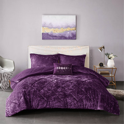 Édredon en velours de luxe pour lit simple / simple TG de couleur mauve avec couette, taies décoratives et oreillers