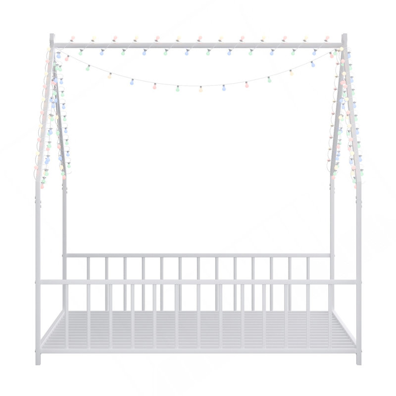 Cadre de lit double pour enfant avec bandes lumineuses à DEL, cadre de lit en fer en forme de toit, blanc