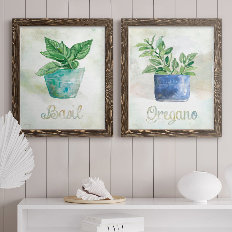 Basilic en pot - ensemble de 2 peintures sur toile encadrées, H 31,5 po x l 47 po x P 1,5 po, Encadré de bois de noyer