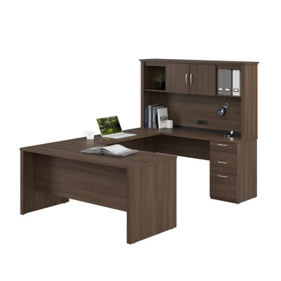 66-inch U or L Shaped Desk with Drawers and Hutch in Antigua