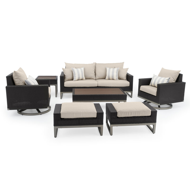 Milo Motion 7 Piece Rattan Sunbrella Sofa Set with Cushions, Brown, Canvas Heather Beige Sunbrella® Canvas