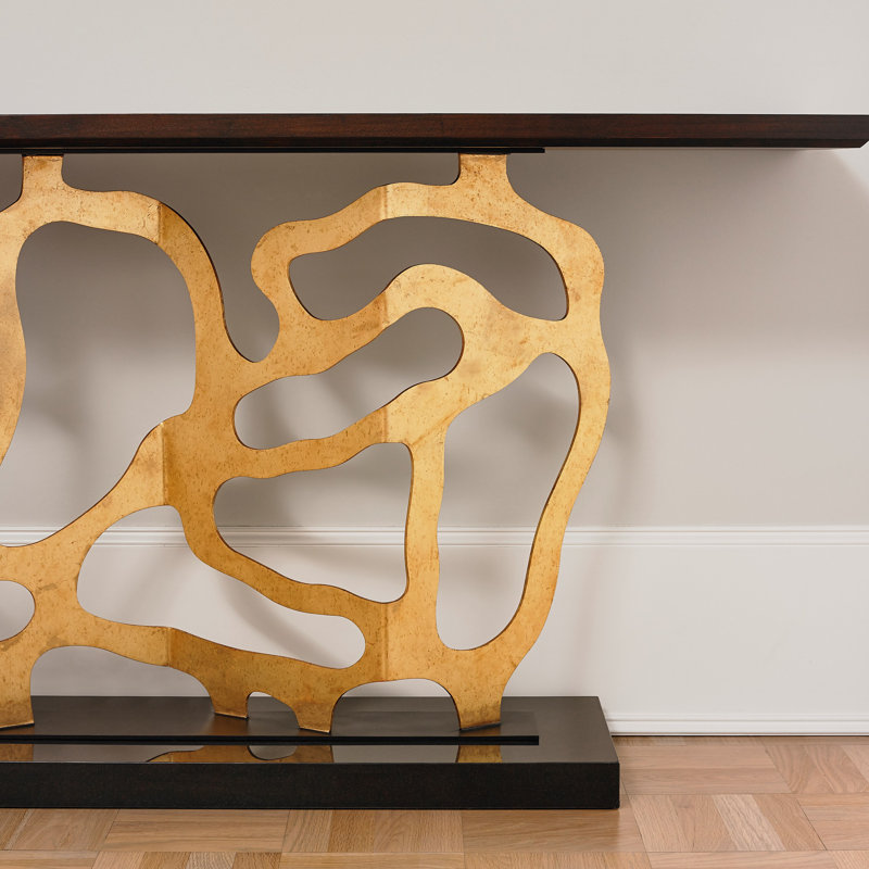 Sculpted 74'' W Solid Wood Console Table, Antique Gold/Black, Dark Walnut