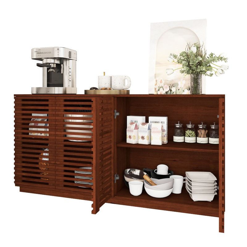 60?farmhouse Sideboard Cabinet With 4 Fluted Slatted Doors,red Oak Kitchen Buffet