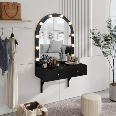 Floating Wall Mounted Makeup Vanity Desk with LED Mirror Power Outlet and USB Charging