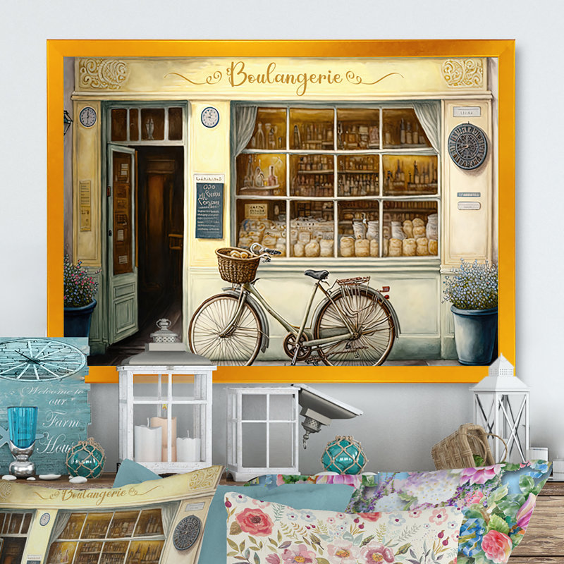 Vélo devant une boulangerie française I - Peinture sur toile, Impression dorée sur toile encadrée