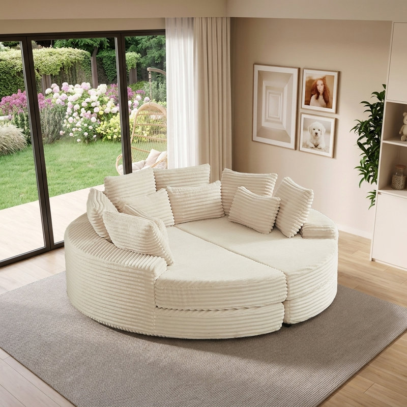 Fauteuil inclinable convertible rond 78,5 po avec coussin pour le cou et canapé-lit 2 en 1, Beige