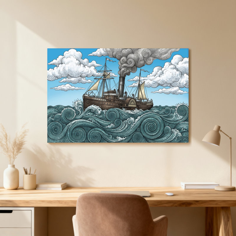 Bateau à vapeur naviguant sur des vagues de mer orageuse, 12" H x 18" W, Toile tendue, Ne s’applique pas