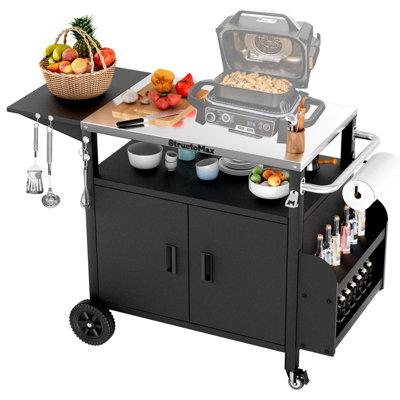 Xl Outdoor Grill Cart With Cabinet, Extra-wide Stainless Steel Table Top, Large Spice Rack & Lockable Wheels