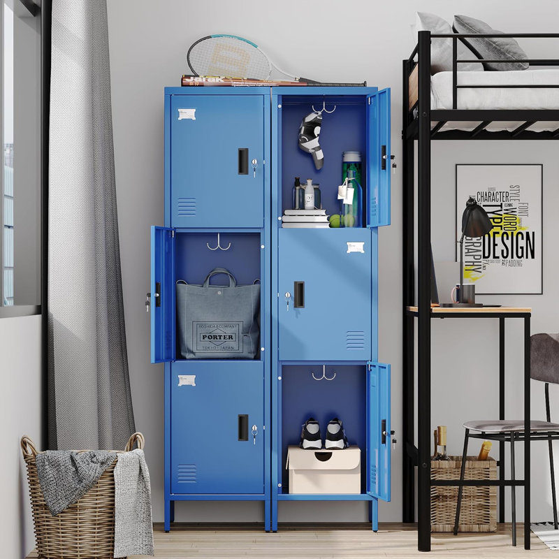 Casiers en métal 3 portes verrouillables améliorés avec crochets pour la salle de classe de l'école de bureau à domicile, assemblage requis, bleu