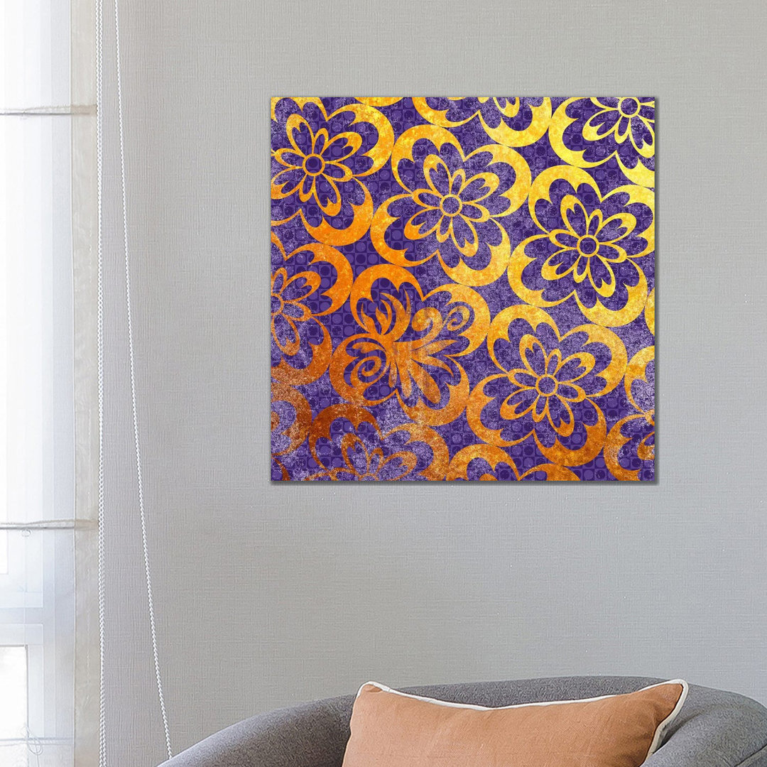 Flourished Floral In Gold With Purple Patterns von 5by5collective - Gallery-Wrapped Canvas Giclée on Canvas