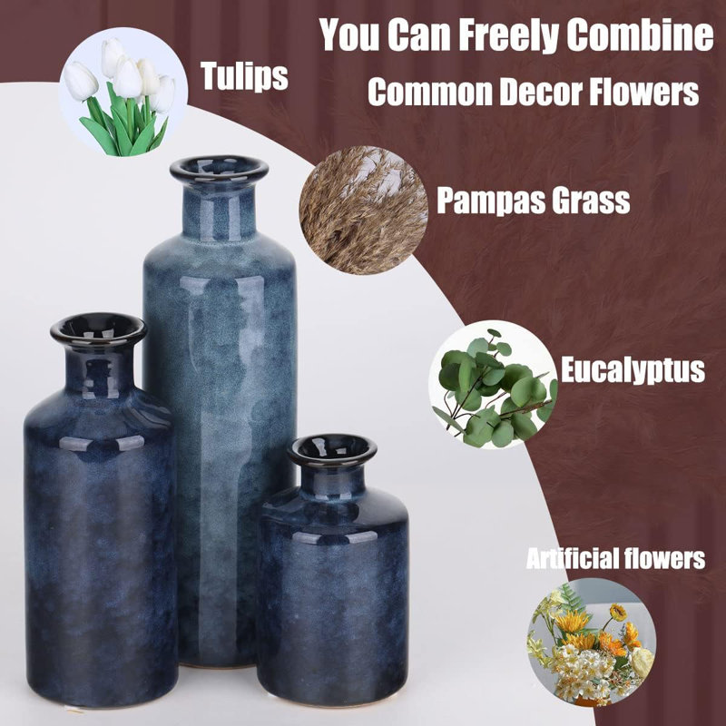 Set Of 3 Blue Ceramic Vases 