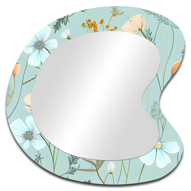 «Blossoming Pastel Wildflowers On Light Blue II» - Miroir mural asymétrique floral, 27 po x 27 po