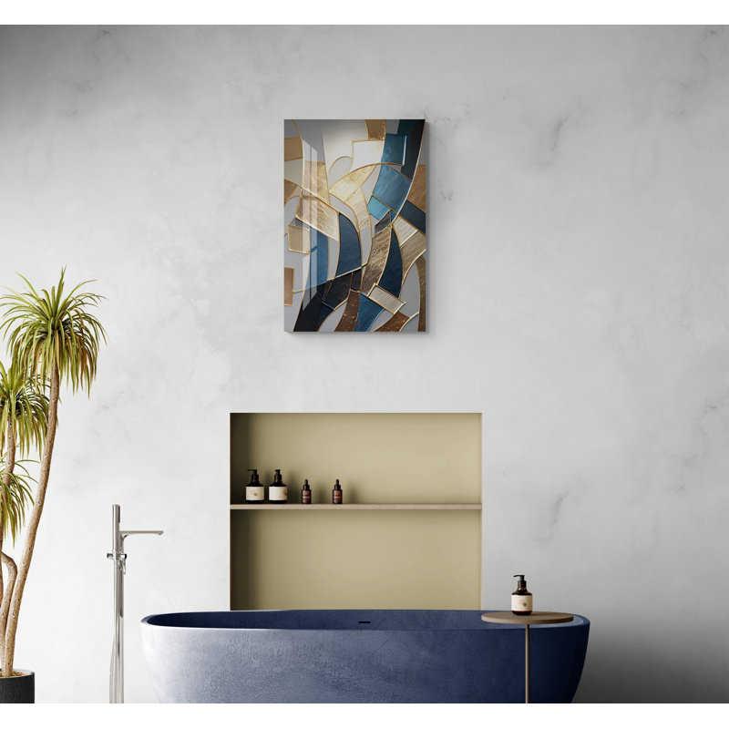 Décoration murale abstraite en verre trempé, impression d'art contemporain bleu et or sur verre, H 29,50 po x l 19,50 po