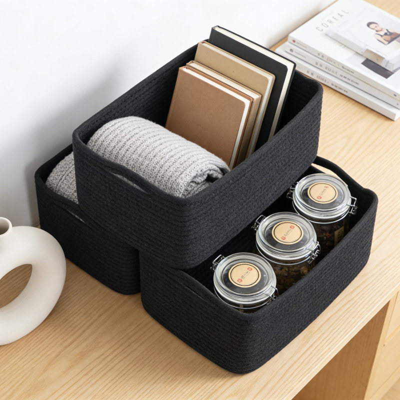 Woven Rope Storage Baskets 3-Pack, Collapsible Organizer Bins For Shelves, Closet, And Home Organization, Rectangular Decorative Baskets For Towels, Toys, And Essentials