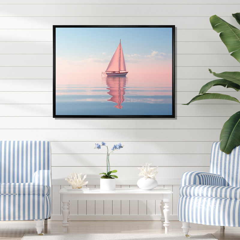 Reproduction sur toile de voilier rose pastel, H 24 po x l 32 po, Cadre photo blanc