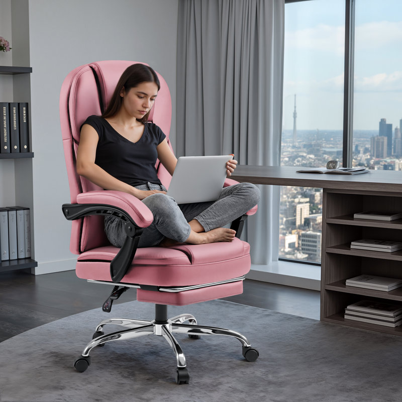 Laurren Reclining Office Chair with Massage, Ergonomic Executive Chair with Foot Rest, Pink