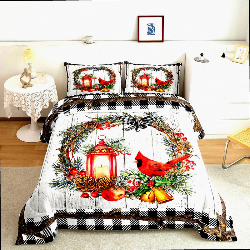 Birdsong Comforter Set - Branch Garland Duvet Quilt with Pillowcases - Cardinal Bedding Size - Xmas Decor - Soft Microfiber Black White Grid Pattern
