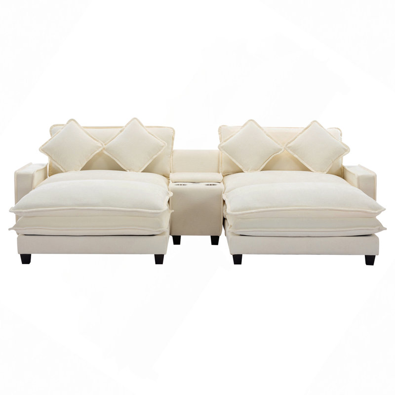111" Sectional Sofa Chenille Upholstered Sofa With Two Removable Ottoman, Two USB Ports, Two Cup Holders And Large Storage Box For Living Room