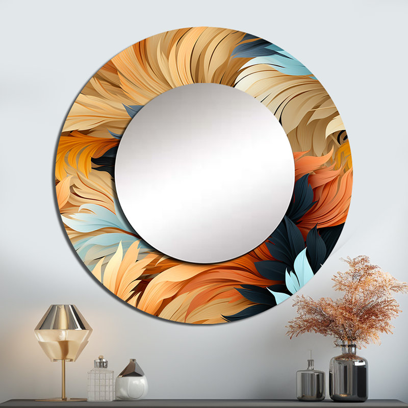 Rodnika Earthy Tones Boho Inspire Feather - grand miroir floral, décor de miroir mural rond beige unique, impression sur métal