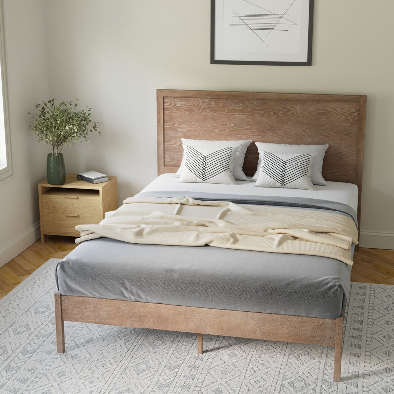 Eymen Modern Solid Wood Platform Bed with Wooden Slats and Headboard, Queen, Light Brown