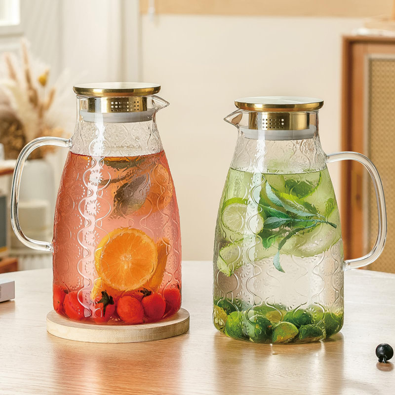 Pichet en verre avec couvercle et poignée, pichet 2 bouteilles 68 oz / 2 litres Vintage Flower Design, carafe d'eau en verre borosilicaté pour eau chaude / froide, café, thé glacé, résistant à la chaleur