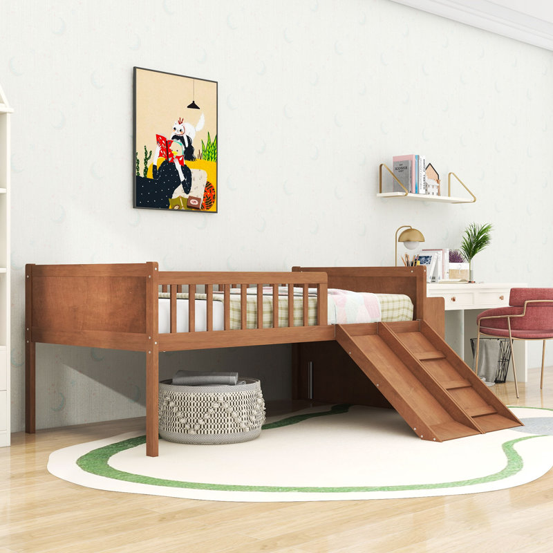 Lit mezzanine simple en bois avec tablette de rangement intégrée et glissade, Noyer clair