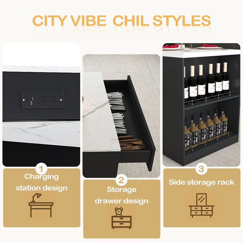 Îlot de cuisine extensible de 80 pouces avec table de salle à manger, chariot de rangement mobile avec armoire, Noir