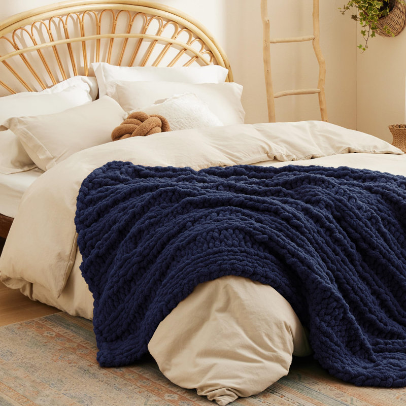 Hand-Knit Chenille Chunky Throw Blanket, Navy
