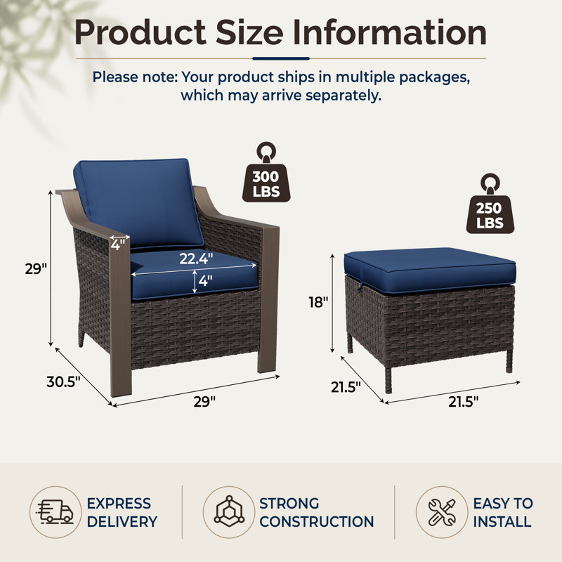 Ensemble bistro 4 pièces pour patio en osier 4 pièces, 2 fauteuils simples et 2 repose-pieds multifonctionnels avec coussins