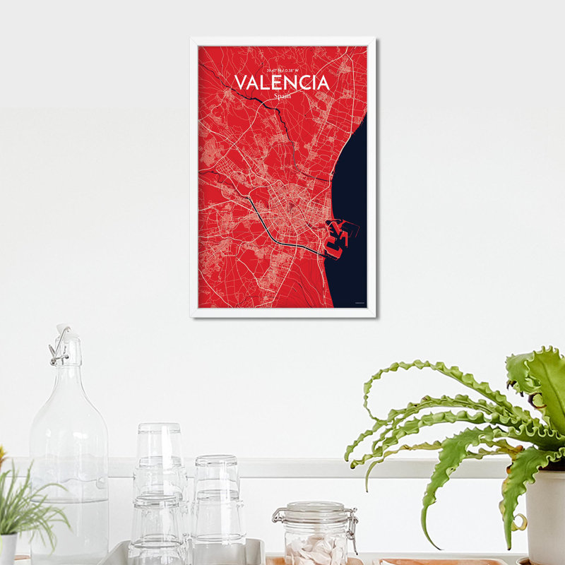 Valencia, carte de la ville, impression, H 17 po x l 11 po, Rouge / bleu marine