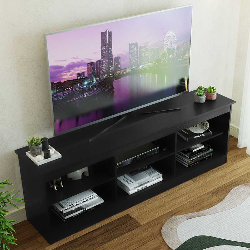 Meuble télé Glenetta avec 6 tablettes et système de gestion des câbles, Noir