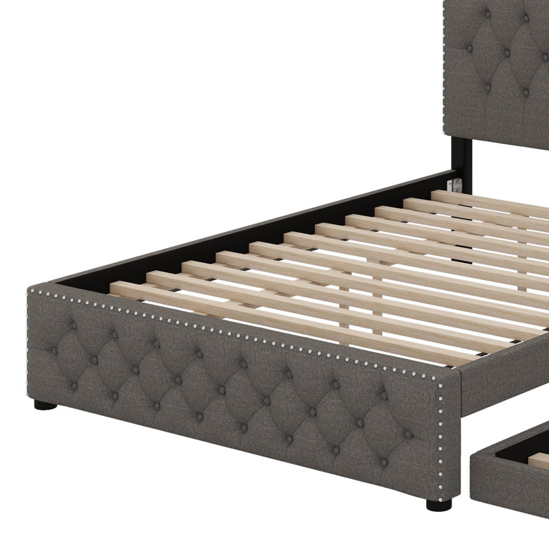 Queen Upholstered Platform Bed With Twin Size Trundle And USB Ports On Each Side