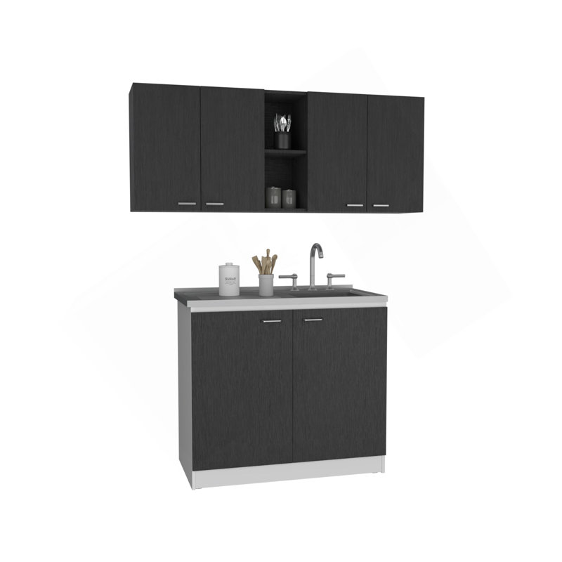 Ensemble de cuisine 2 pièces, 150 armoire murale + évier utilitaire avec armoire, noir / blanc