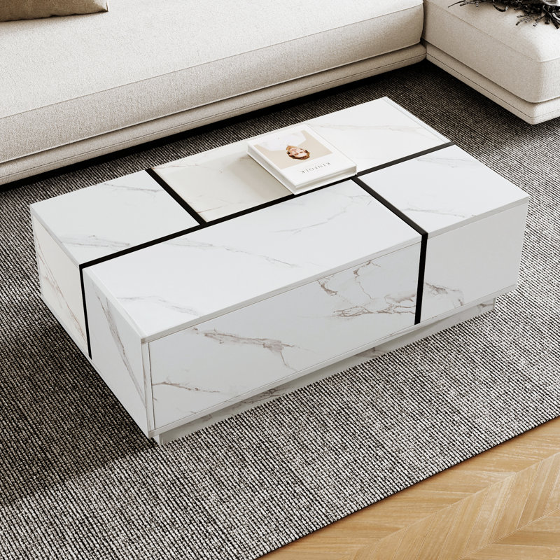  Table basse rectangulaire avec plateau coulissant, table d'appoint en marbre blanc avec 2 tiroirs et rangement dissimulé, design moderne de 47 pouces