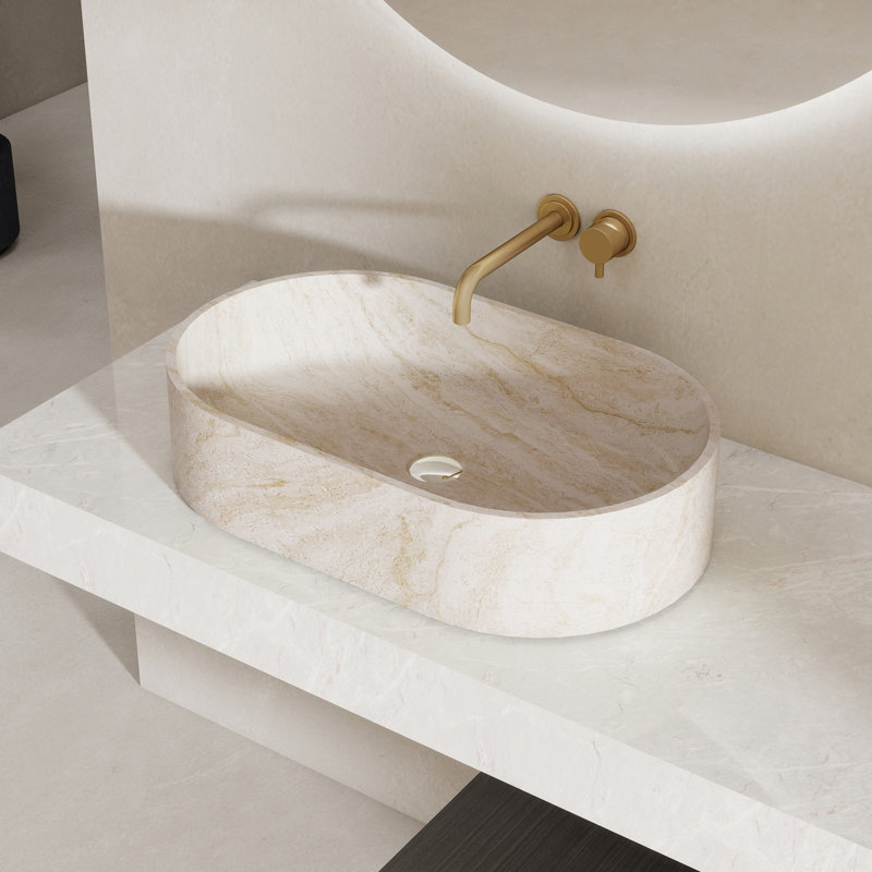 Lavabo de salle de bain en pierre 23 "à cuve ovale à surface solide de style artistique en travertin jaune 23" Stone Zen