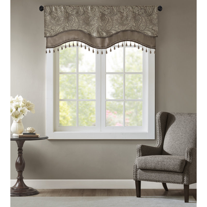 Aubrey Blue Faux Silk Beaded Valance with Scalloped Bottom