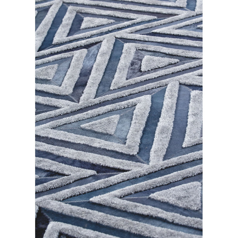 Tapis décoratif géométrique gris/bleu fait à la main legere, 2 pi x 3 pi