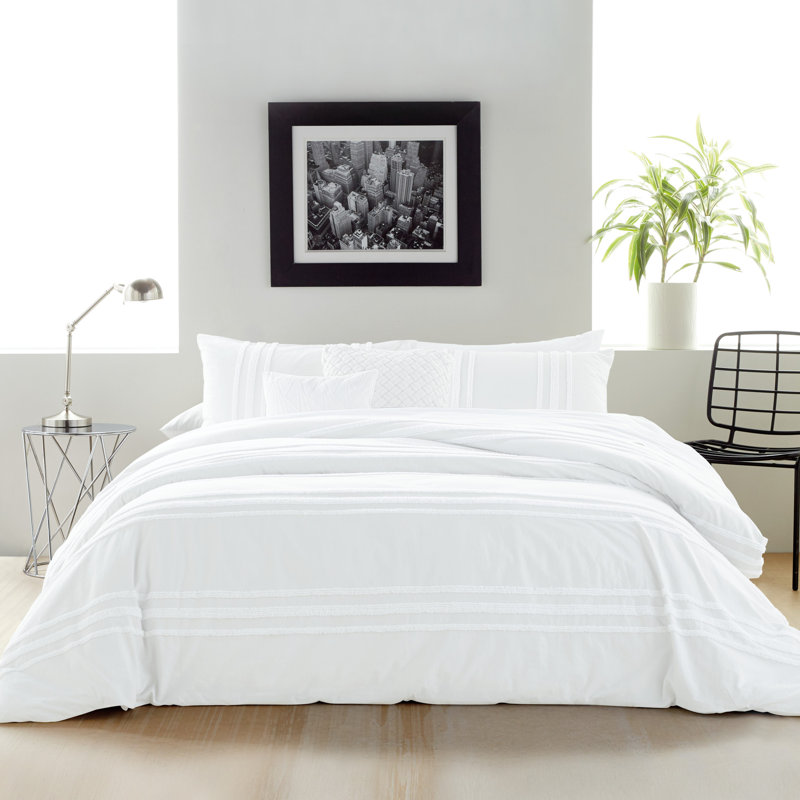 DKNY Chenille Stripe 100% Cotton 3 Piece Comforter Set, King Comforter + 2 King Shams, White