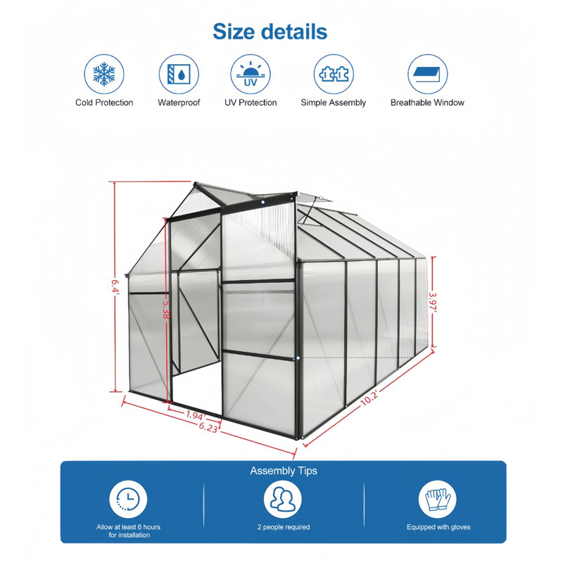 6X10Ft Polycarbonate Greenhouse Raised Base And Anchor Aluminum Heavy Duty Walk-In Greenhouses For Outdoor Backyard In All Season