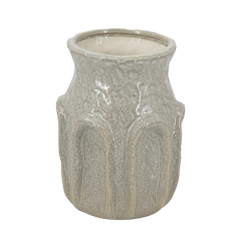 Decorative Ceramic Vase with Textured Ridged Design - 6" x 6" x 8" - Gold
