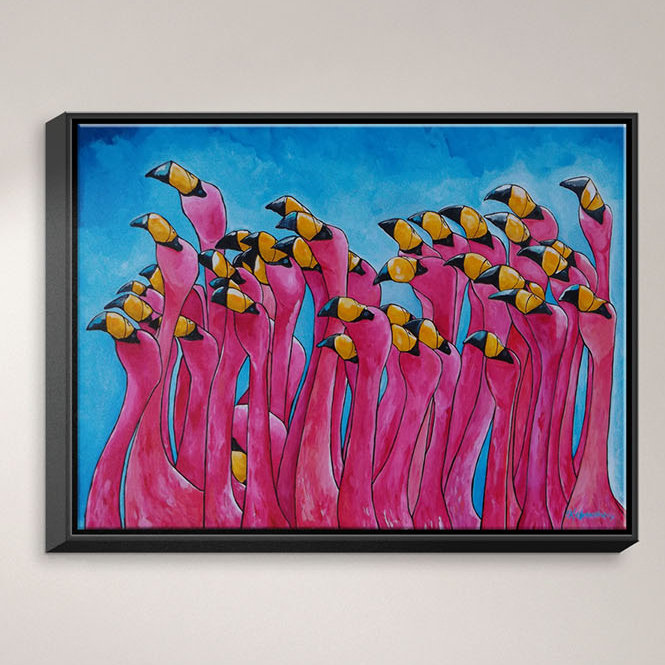 «Peace Love and Flameos», reproduction sur toile, H 12 po x l 16 po x P 1,5 po, Toile tendue