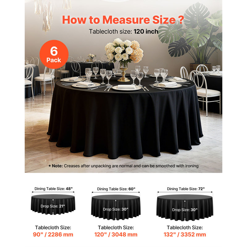 Black Round Tablecloths 6 Pack, 120 Inches in Diameter, Stain- & Wrinkle- Resistant, Machine Washable Table Clothes, Polyester Fabric Table Covers for Wedding, Party, Banquet, Formal Events