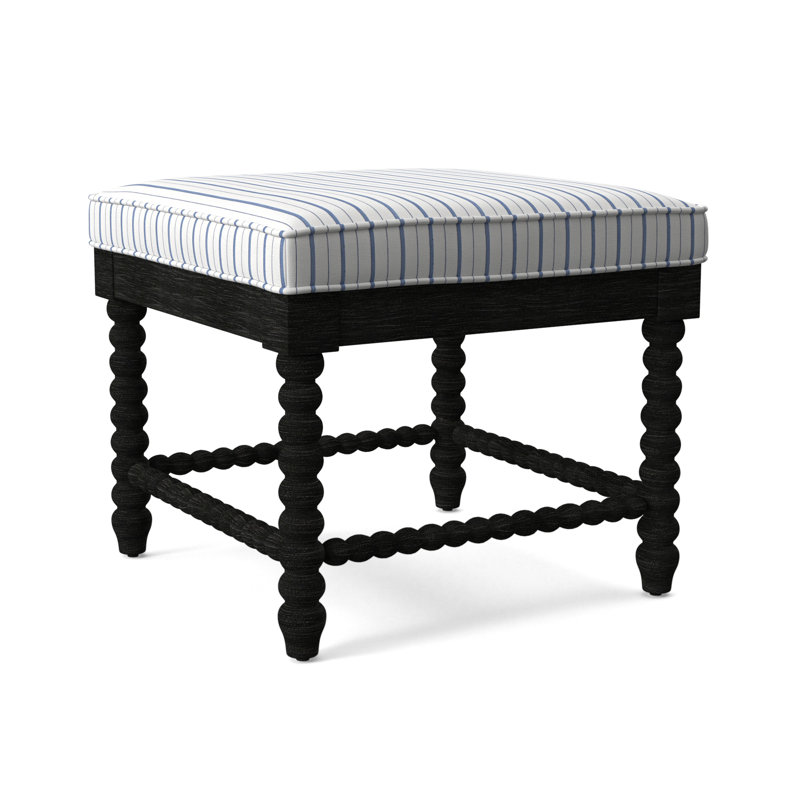 Banc en bois massif Louisa, Finition noir antique, Rayures bleu cobalt