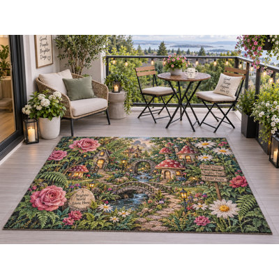 5' x 7' Outdoor Area Rug Fairy Village Mushroom House Heavyweight Solid Waterproof PVC Coil Loop Carpet, Heavy Duty Patio Rug, Quick Dry Indoor Outdoor Mat for Porch Deck Balcony Entryway RV Camping