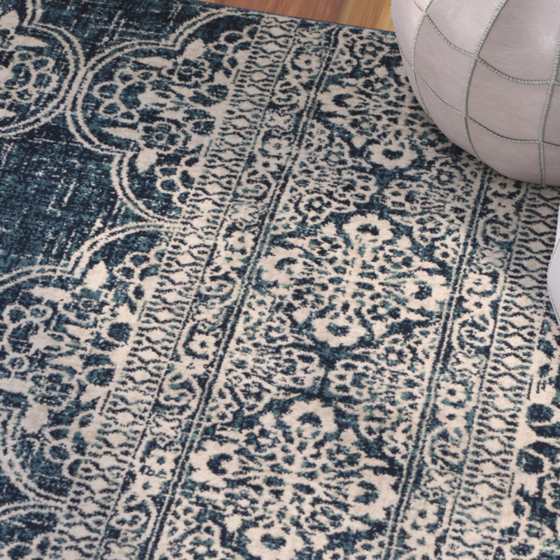 Annette Floral Royal Blue/Ivory Area Rug, Rectangle 6'7" x 9'2"