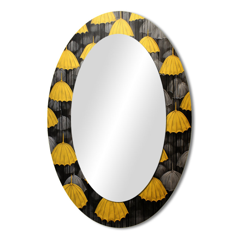 Sky Of Yellow And Grey Umbrellas Tranquillity I - Modern Oval Wall Mirror, 36" H x 24" W